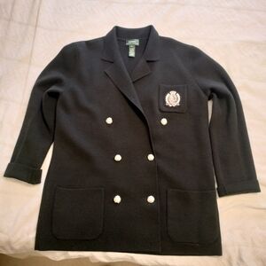 Ralph Lauren L Black Merino Wool Double Breasted Sweater Jacket Cardigan Crest